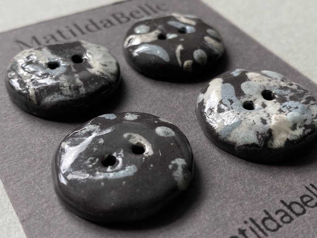 26mm Set of 4 Hand-Formed Black Clay Ceramic Round Buttons - 24mm-26mm