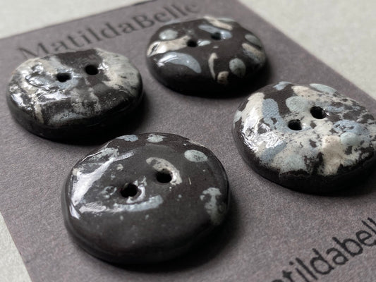 26mm Set of 4 Hand-Formed Black Clay Ceramic Round Buttons - 24mm-26mm