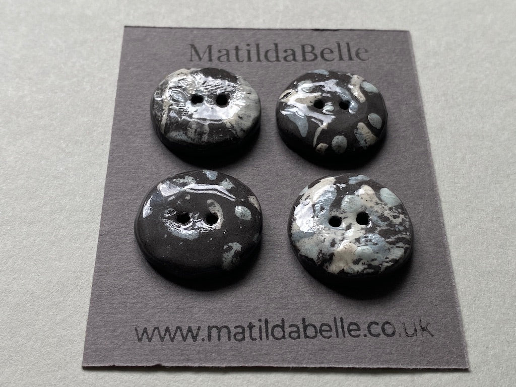26mm Set of 4 Hand-Formed Black Clay Ceramic Round Buttons - 24mm-26mm