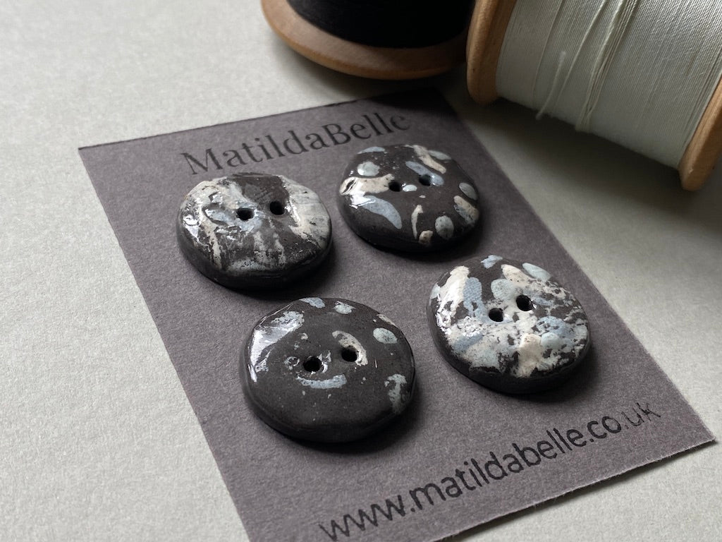 26mm Set of 4 Hand-Formed Black Clay Ceramic Round Buttons - 24mm-26mm
