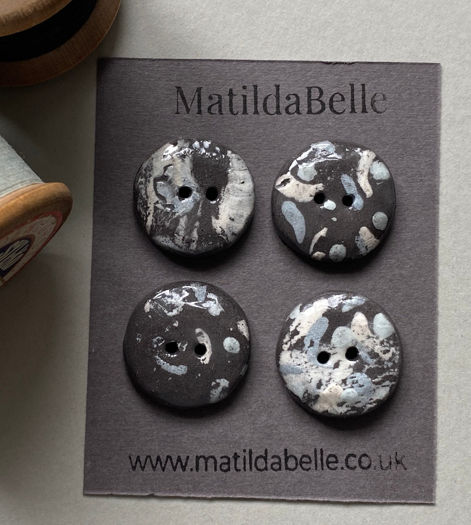 26mm Set of 4 Hand-Formed Black Clay Ceramic Round Buttons - 24mm-26mm