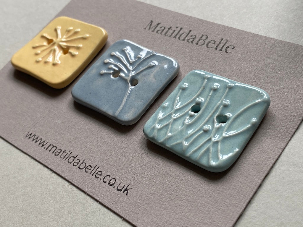 35mm Set of 3 Square Botanical Clay Buttons - 35mm -