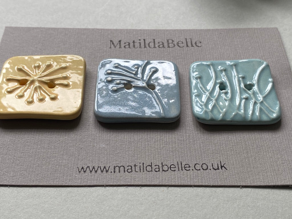 35mm Set of 3 Square Botanical Clay Buttons - 35mm -
