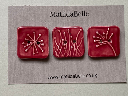 Set of 3 Square Botanical Clay Buttons - 35mm  - Glazed in Rasberry Pink