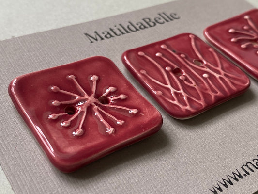 Set of 3 Square Botanical Clay Buttons - 35mm  - Glazed in Rasberry Pink