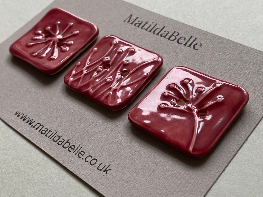 Set of 3 Square Botanical Clay Buttons - 35mm  - Glazed in Rasberry Pink