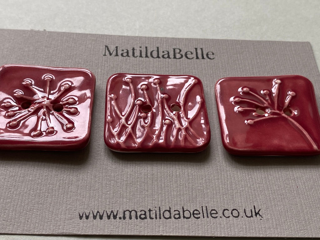 Set of 3 Square Botanical Clay Buttons - 35mm  - Glazed in Rasberry Pink