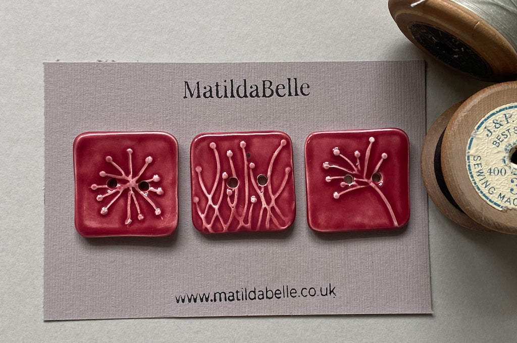 Set of 3 Square Botanical Clay Buttons - 35mm  - Glazed in Rasberry Pink