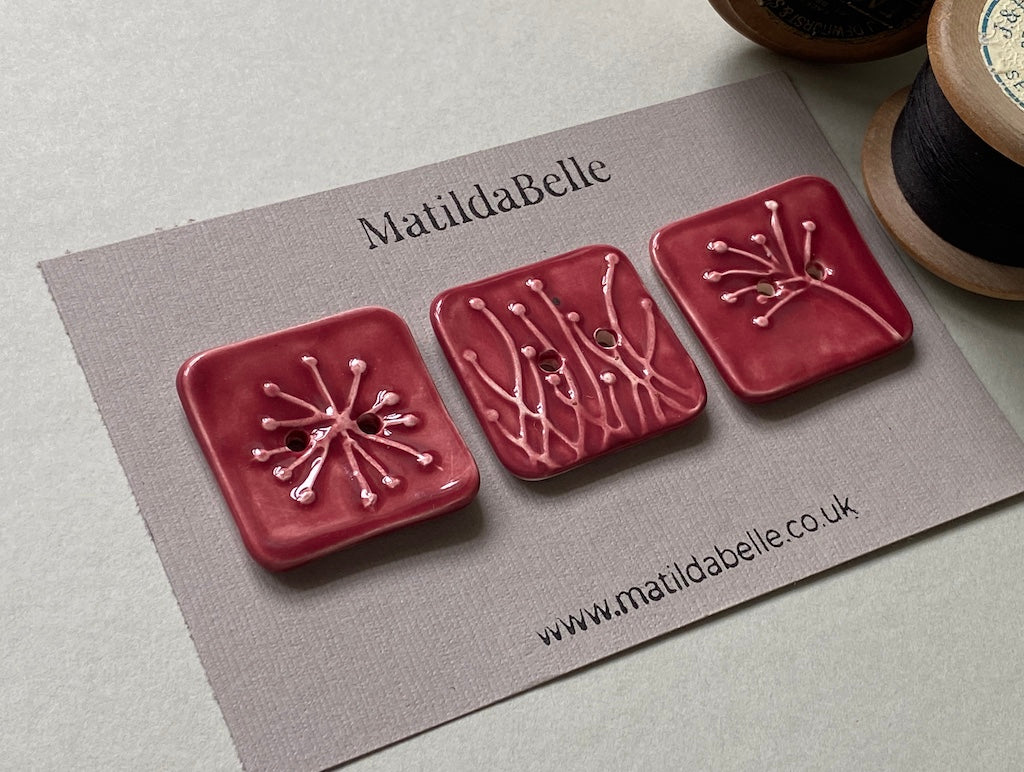 Set of 3 Square Botanical Clay Buttons - 35mm  - Glazed in Rasberry Pink