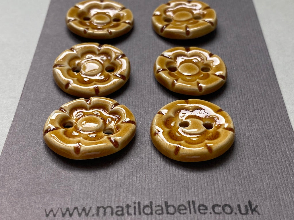 24mm Set of six vintage style handmade 24mm ceramic round buttons in Honey