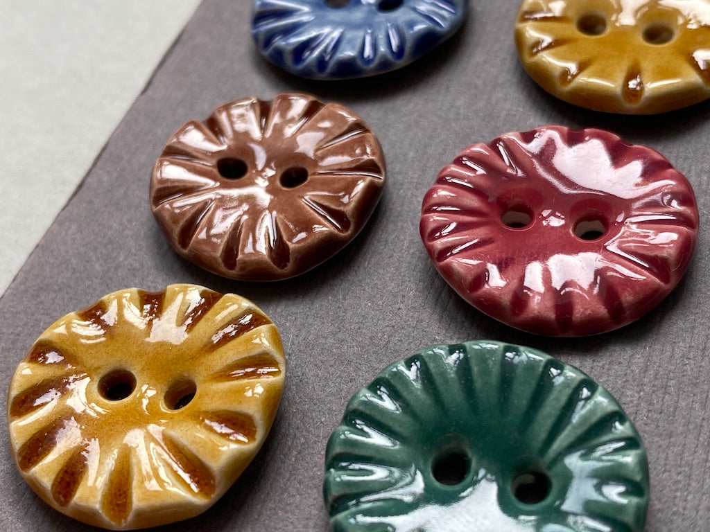 Set of six vintage style handmade ceramic round buttons in 24mm mixed colours