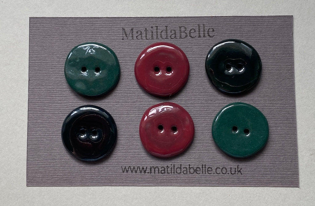 24mm Set of six handmade ceramic 24mm round buttons mixed colours
