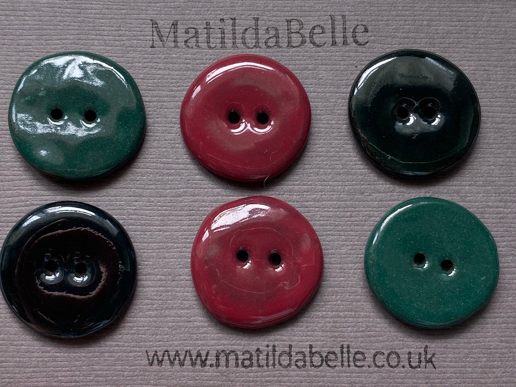 24mm Set of six handmade ceramic 24mm round buttons mixed colours