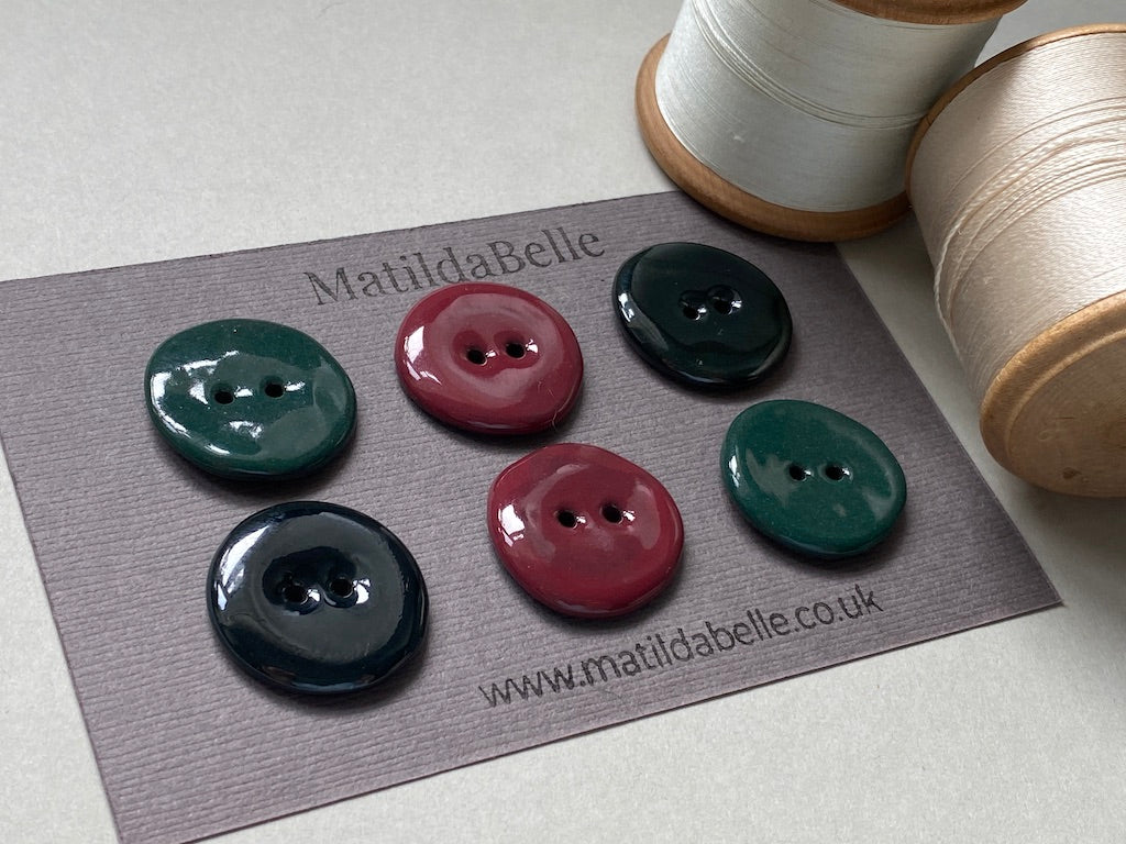 24mm Set of six handmade ceramic 24mm round buttons mixed colours