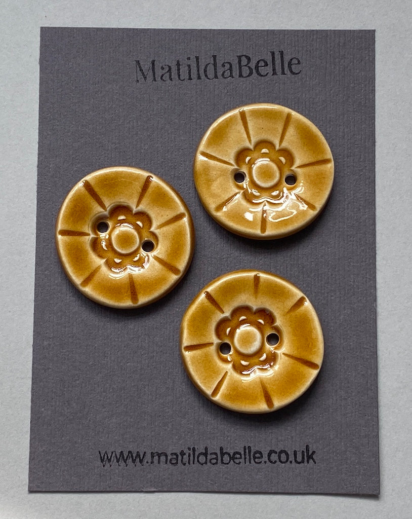 33mm Set of Three vintage style handmade ceramic large round buttons in Honey 33mm
