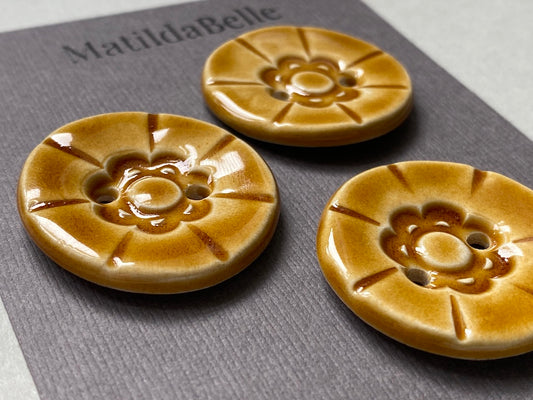 33mm Set of Three vintage style handmade ceramic large round buttons in Honey 33mm