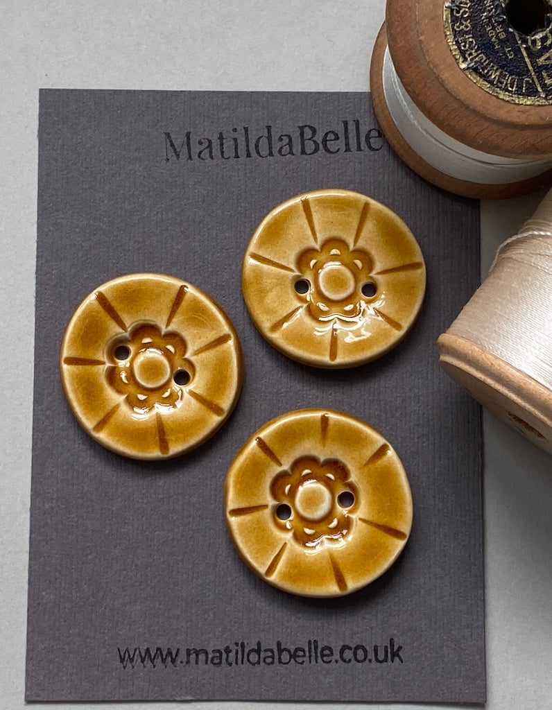 33mm Set of Three vintage style handmade ceramic large round buttons in Honey 33mm