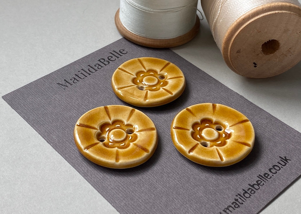 33mm Set of Three vintage style handmade ceramic large round buttons in Honey 33mm