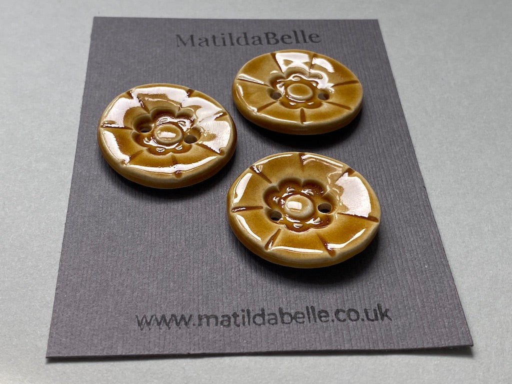 33mm Set of Three vintage style handmade ceramic large round buttons in Honey 33mm