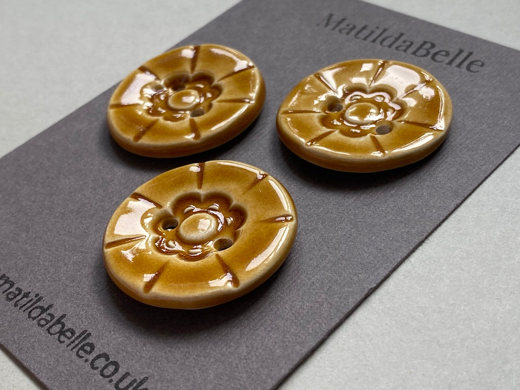 33mm Set of Three vintage style handmade ceramic large round buttons in Honey 33mm