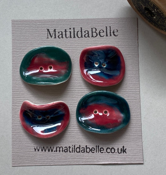 Set of 4 Round Curled Buttons - Rich Green and Rose, Blue and Rose Glaze