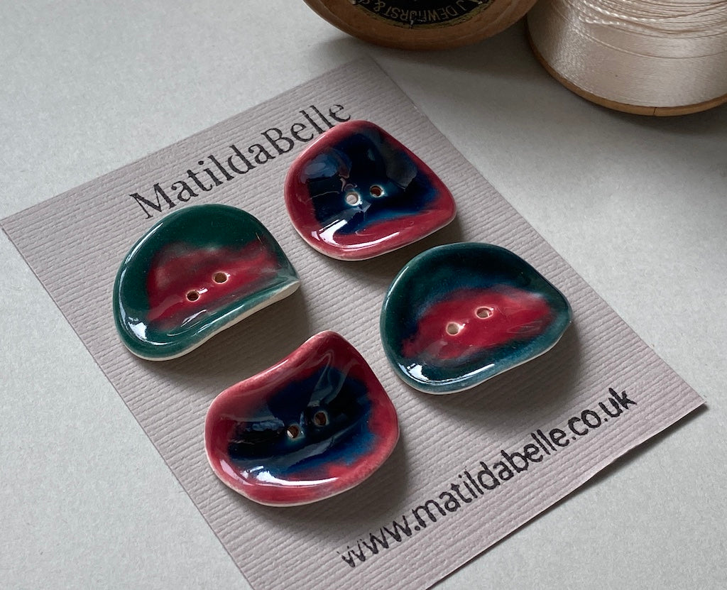 Set of 4 Round Curled Buttons - Rich Green and Rose, Blue and Rose Glaze
