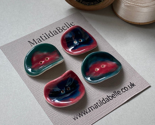 Set of 4 Round Curled Buttons - Rich Green and Rose, Blue and Rose Glaze