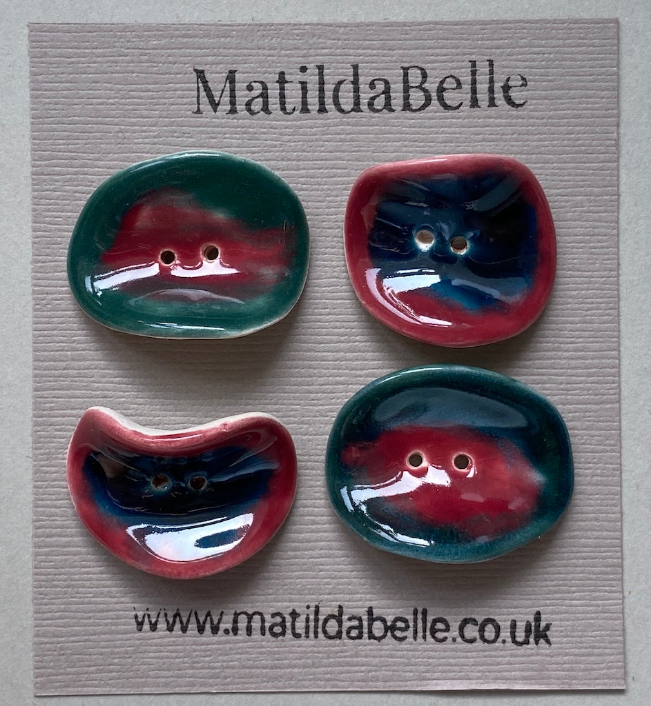 Set of 4 Round Curled Buttons - Rich Green and Rose, Blue and Rose Glaze