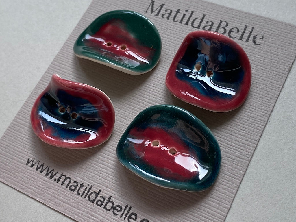 Set of 4 Round Curled Buttons - Rich Green and Rose, Blue and Rose Glaze