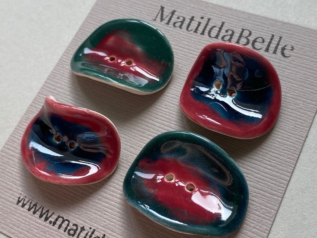 Set of 4 Round Curled Buttons - Rich Green and Rose, Blue and Rose Glaze