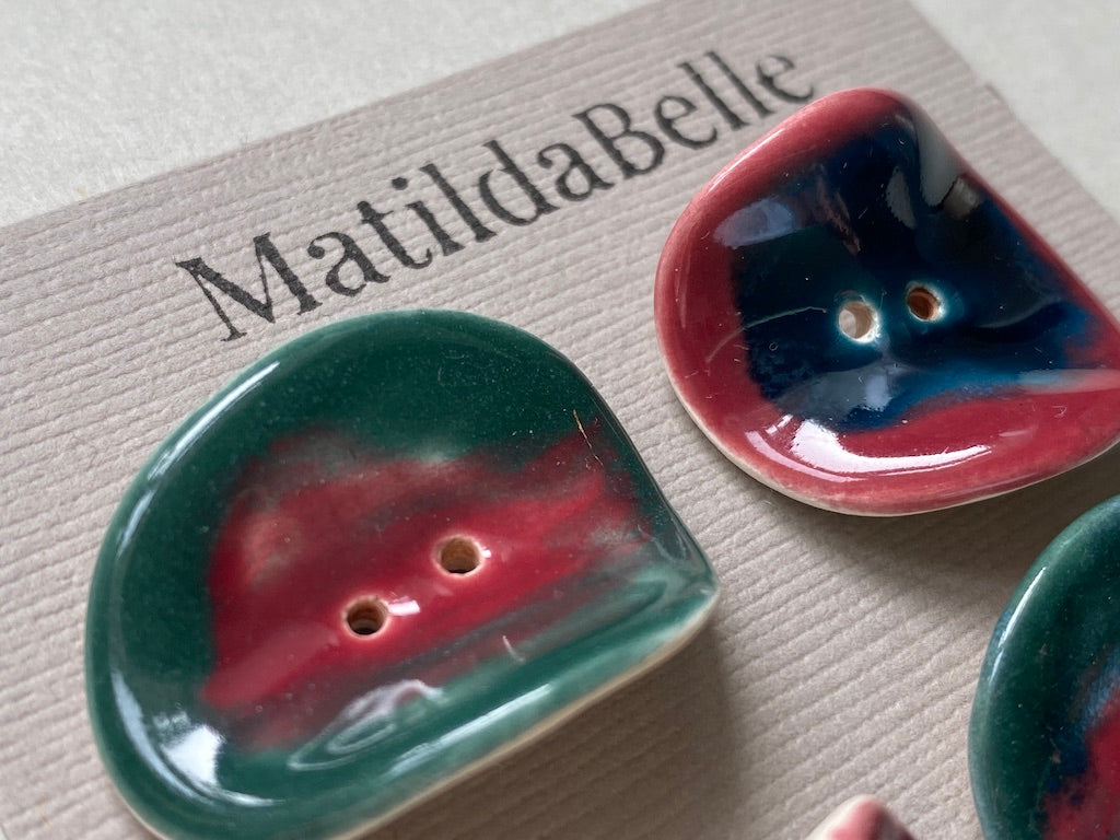 Set of 4 Round Curled Buttons - Rich Green and Rose, Blue and Rose Glaze