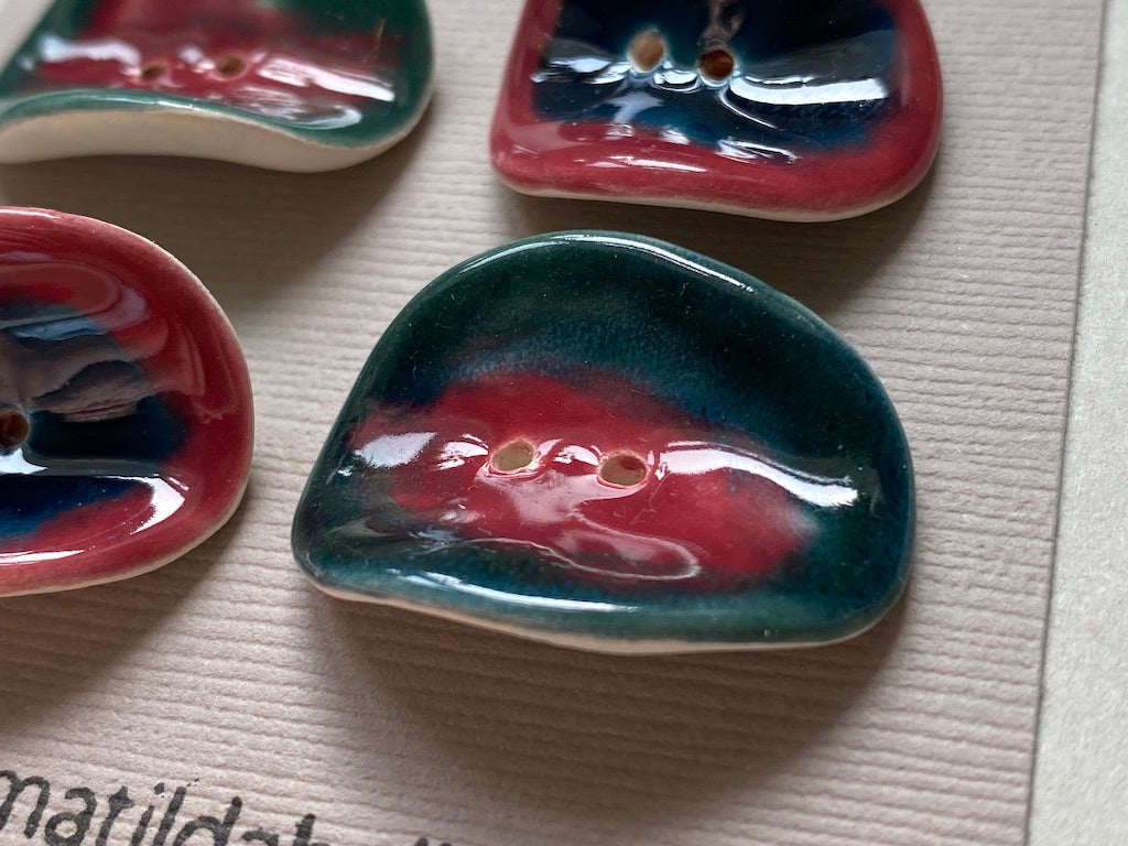 Set of 4 Round Curled Buttons - Rich Green and Rose, Blue and Rose Glaze