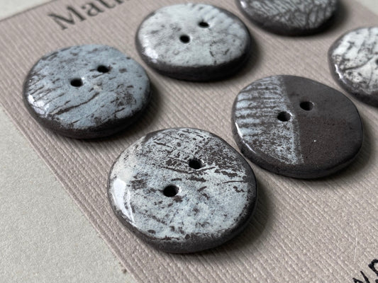 21mm Set of 6 Hand-Formed Black Clay Ceramic Round Buttons - 19mm-21mm -