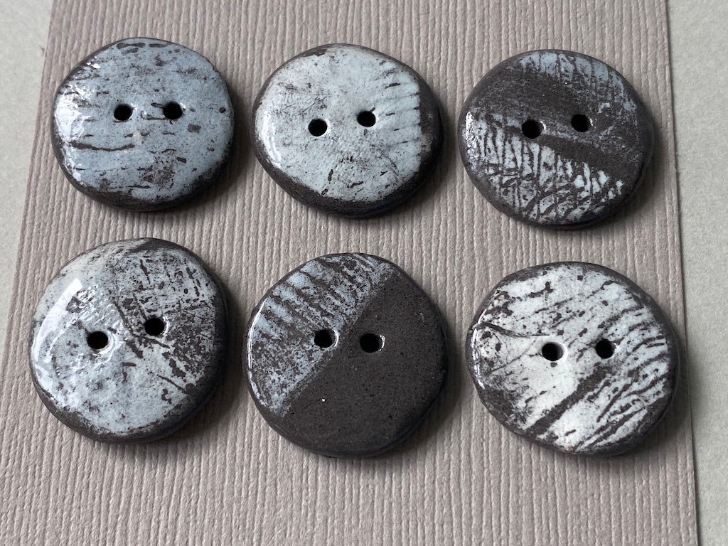 21mm Set of 6 Hand-Formed Black Clay Ceramic Round Buttons - 19mm-21mm -