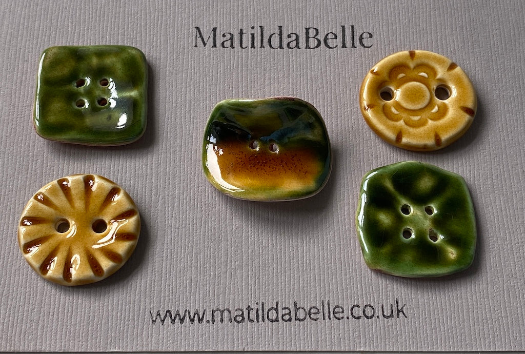 Set of 5 Mismatched Ceramic Buttons - Vintage-Inspired Rich Green and Honey Glaze