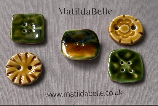 Set of 5 Mismatched Ceramic Buttons - Vintage-Inspired Rich Green and Honey Glaze