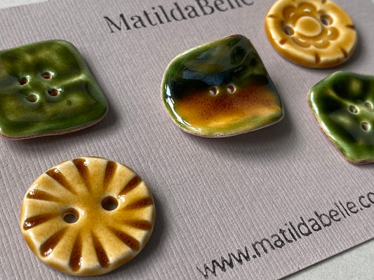 Set of 5 Mismatched Ceramic Buttons - Vintage-Inspired Rich Green and Honey Glaze