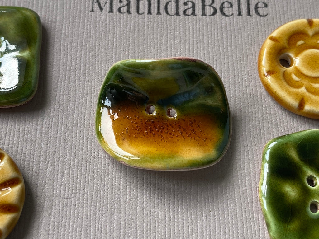 Set of 5 Mismatched Ceramic Buttons - Vintage-Inspired Rich Green and Honey Glaze