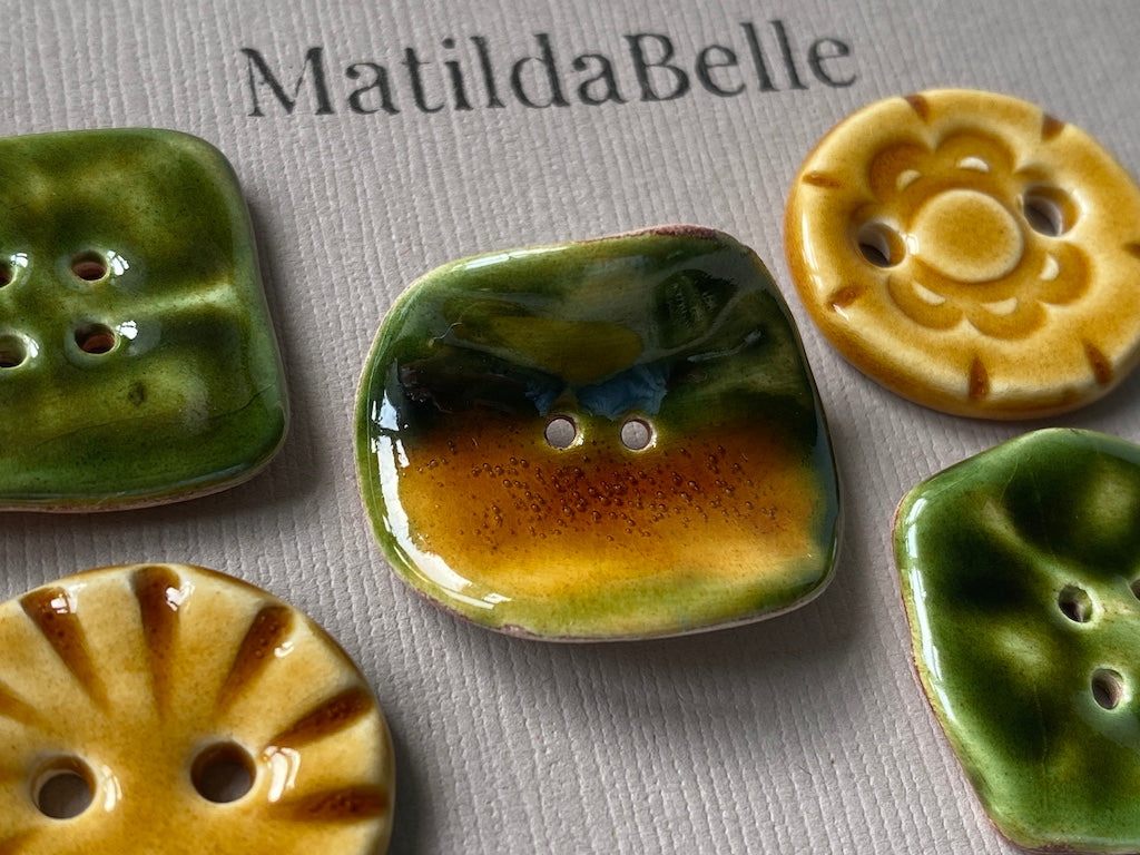 Set of 5 Mismatched Ceramic Buttons - Vintage-Inspired Rich Green and Honey Glaze