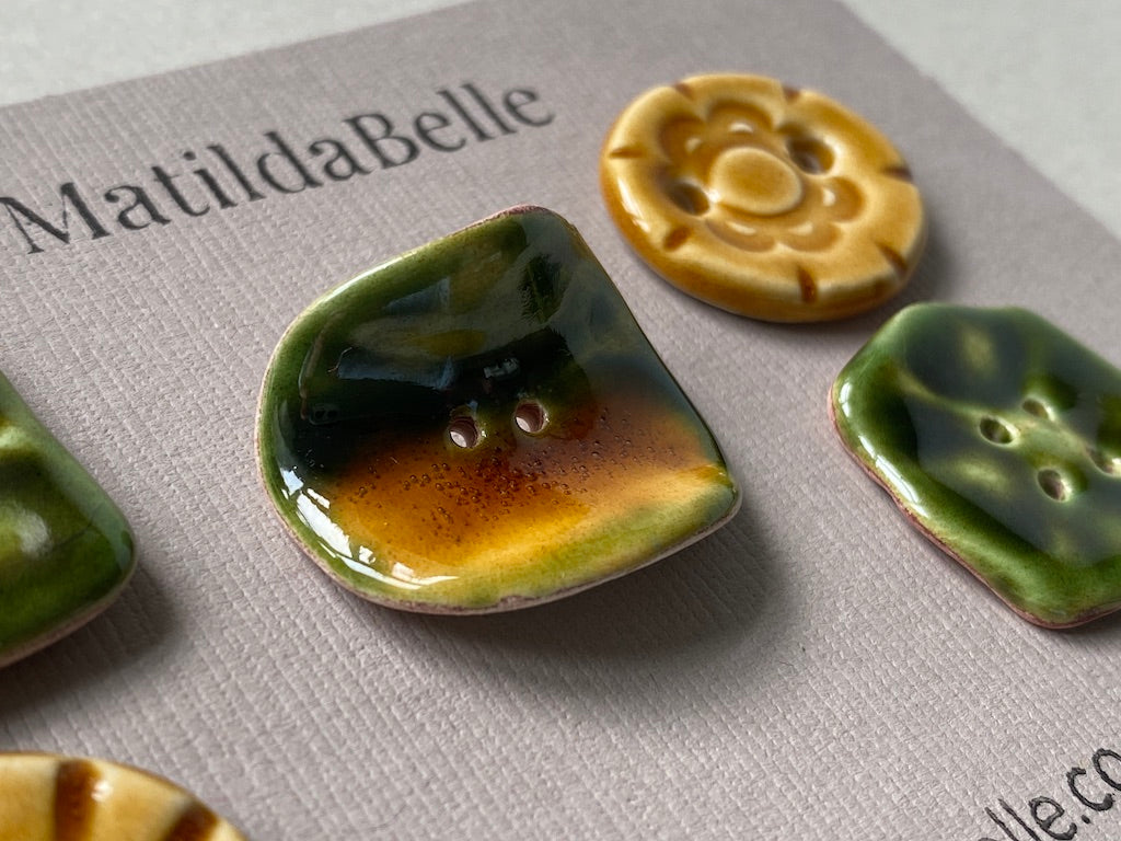 Set of 5 Mismatched Ceramic Buttons - Vintage-Inspired Rich Green and Honey Glaze