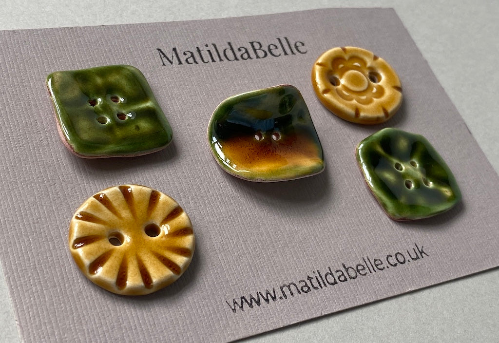 Set of 5 Mismatched Ceramic Buttons - Vintage-Inspired Rich Green and Honey Glaze