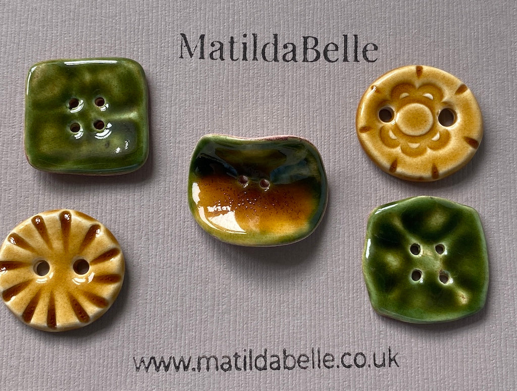 Set of 5 Mismatched Ceramic Buttons - Vintage-Inspired Rich Green and Honey Glaze