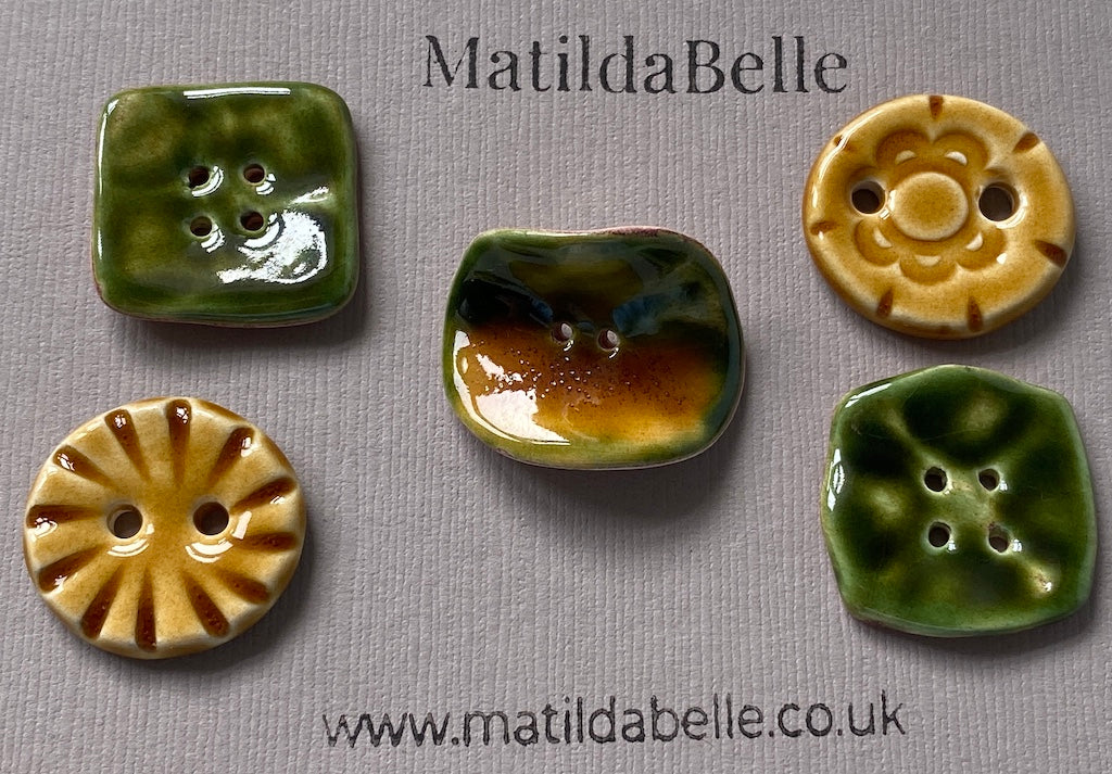 Set of 5 Mismatched Ceramic Buttons - Vintage-Inspired Rich Green and Honey Glaze