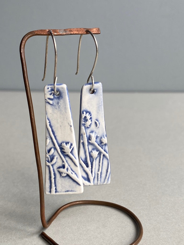 Ceramic Botanical Dangle Earrings - Navy Blue Glaze - Handmade Recycled Silver Wires