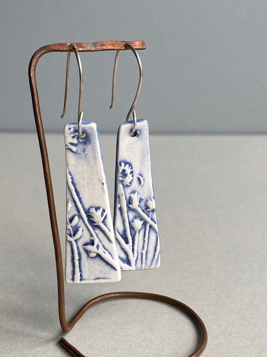 Ceramic Botanical Dangle Earrings - Navy Blue Glaze - Handmade Recycled Silver Wires