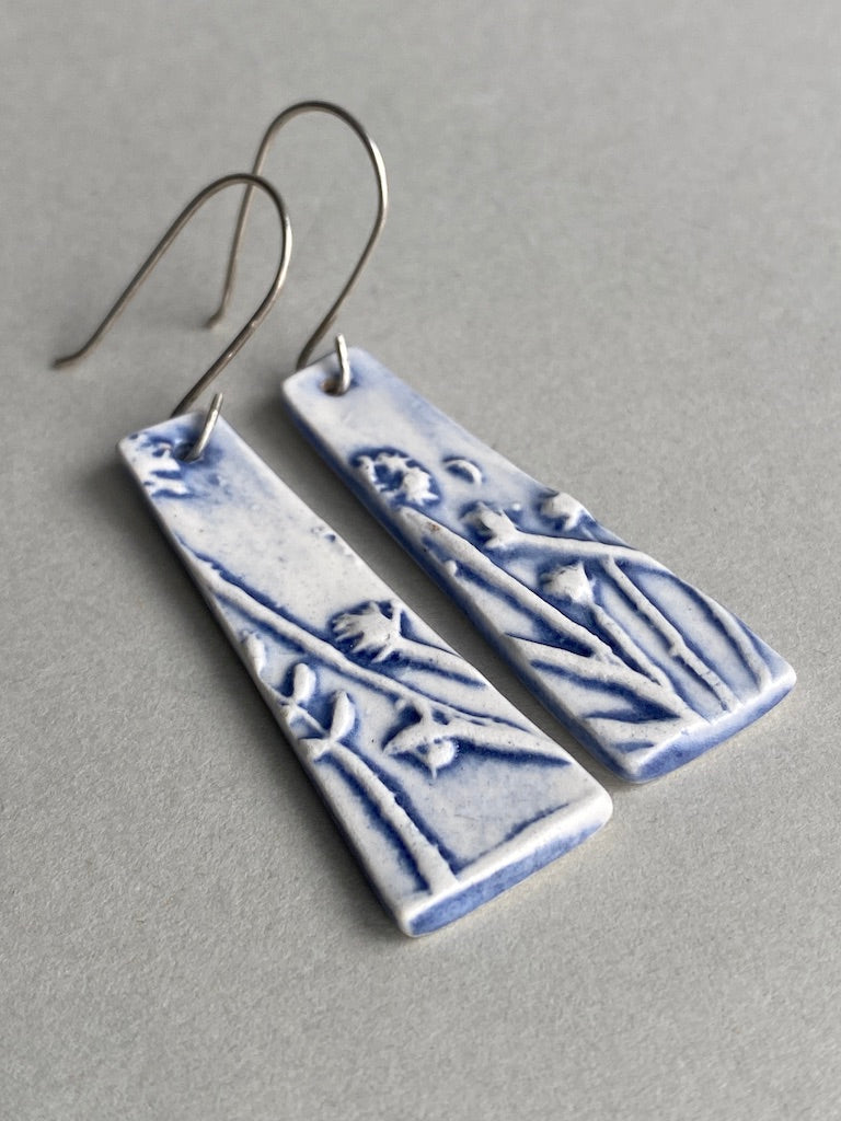 Ceramic Botanical Dangle Earrings - Navy Blue Glaze - Handmade Recycled Silver Wires
