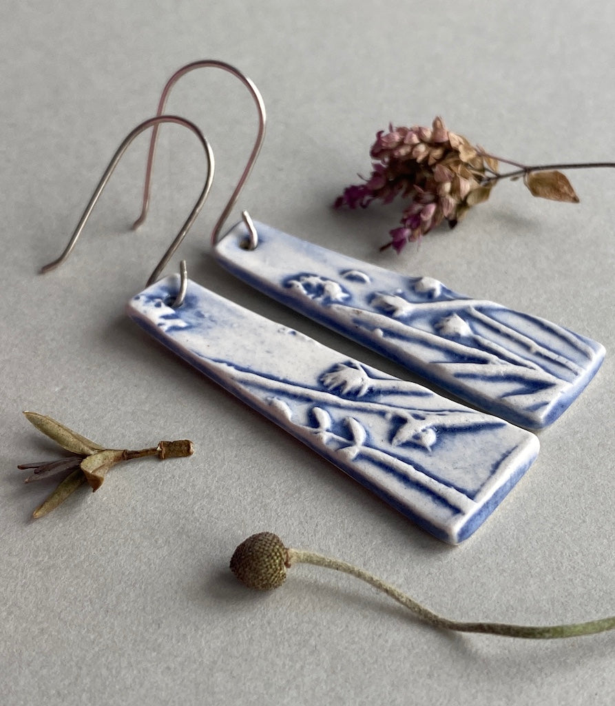 Ceramic Botanical Dangle Earrings - Navy Blue Glaze - Handmade Recycled Silver Wires