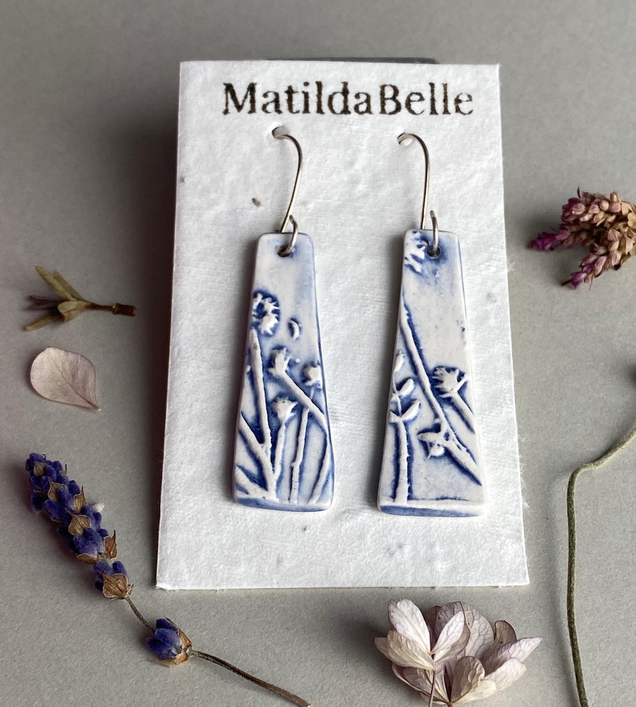 Ceramic Botanical Dangle Earrings - Navy Blue Glaze - Handmade Recycled Silver Wires
