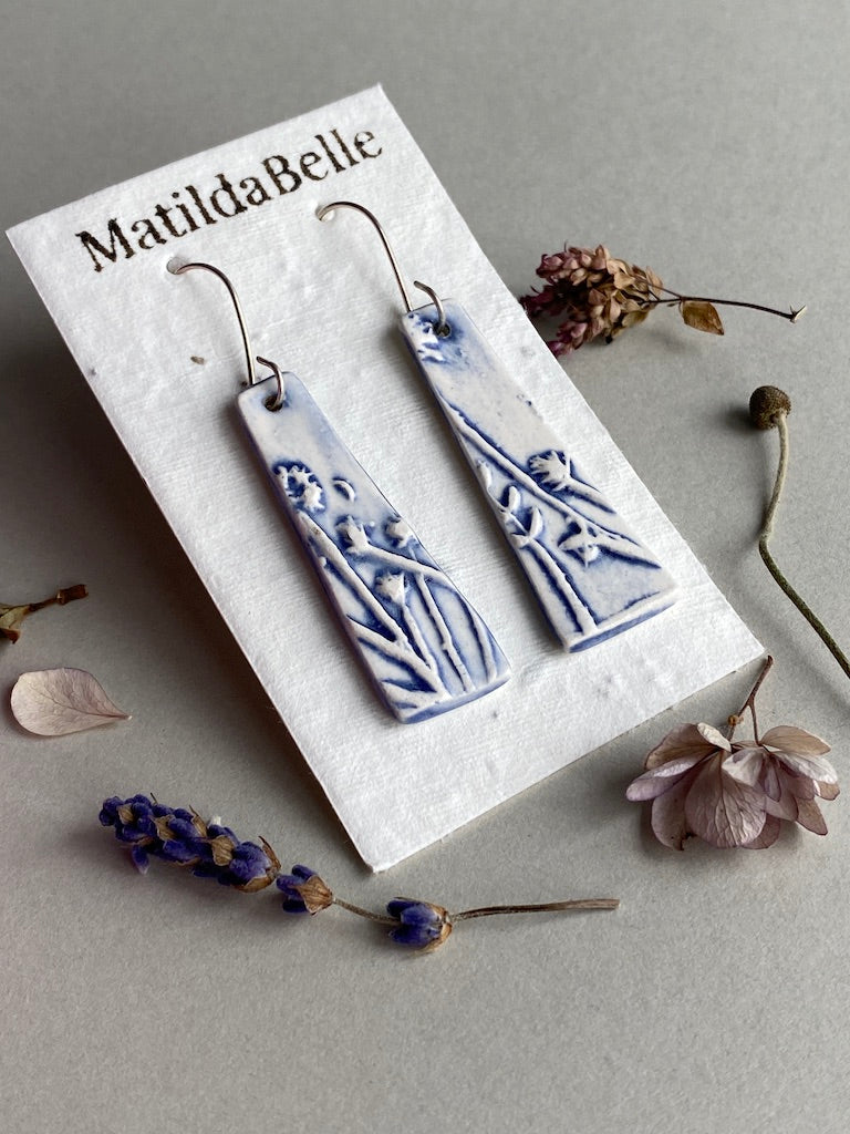 Ceramic Botanical Dangle Earrings - Navy Blue Glaze - Handmade Recycled Silver Wires