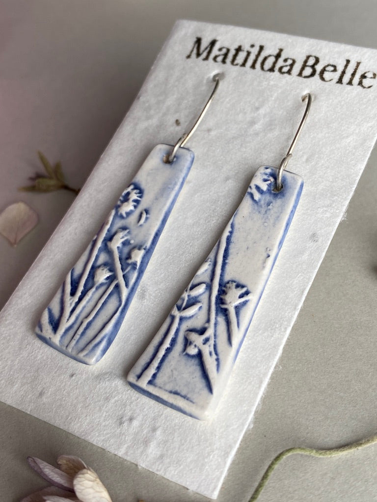 Ceramic Botanical Dangle Earrings - Navy Blue Glaze - Handmade Recycled Silver Wires